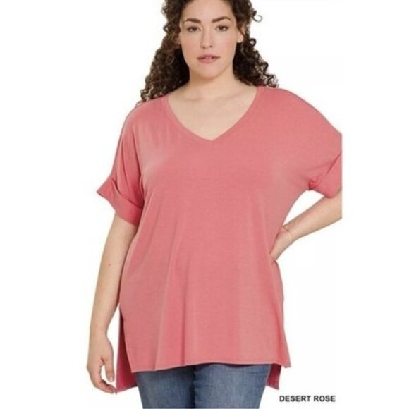 Zenana Desert Rose V Neck Rolled Short Sleeve Top Loose Fit T Shirt Plus Size 2X - Picture 1 of 4